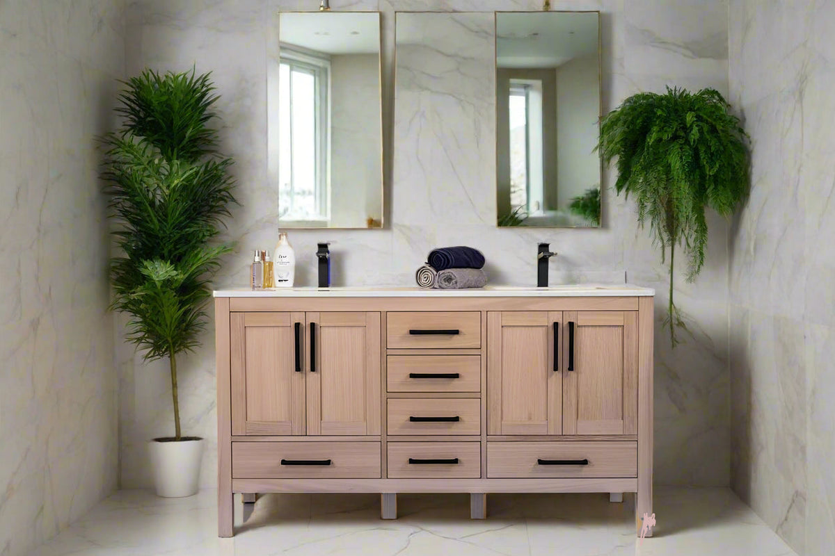 Ashley 60" Natural Oak Double Bowls Bathroom Cabinet