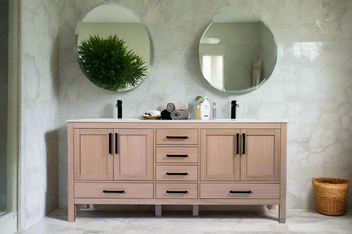 Ashley 72" Natural Oak Double Bowls Bathroom Cabinet