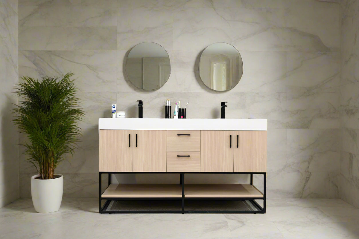 Solana Natural Oak 60" Double Bowls Bathroom Cabinet