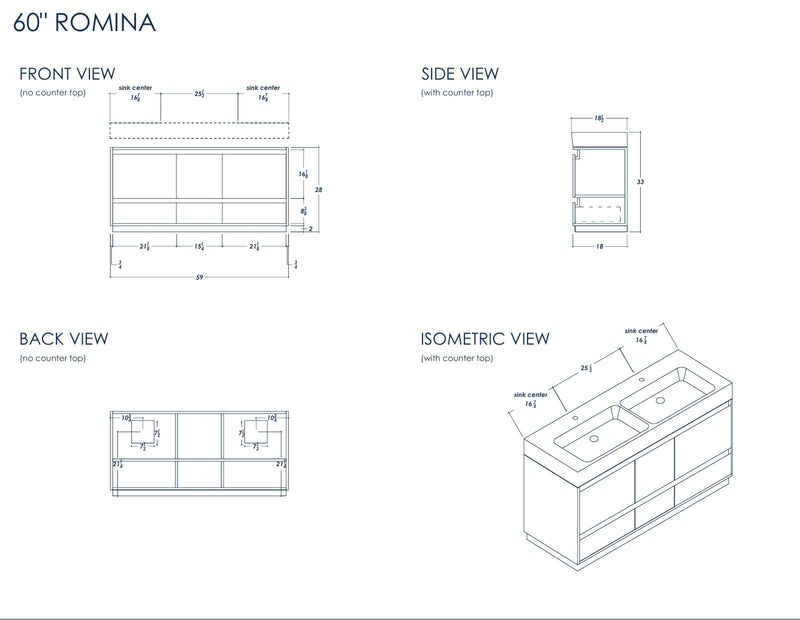 Romina 60" Messina Double Bowls Bathroom Cabinet