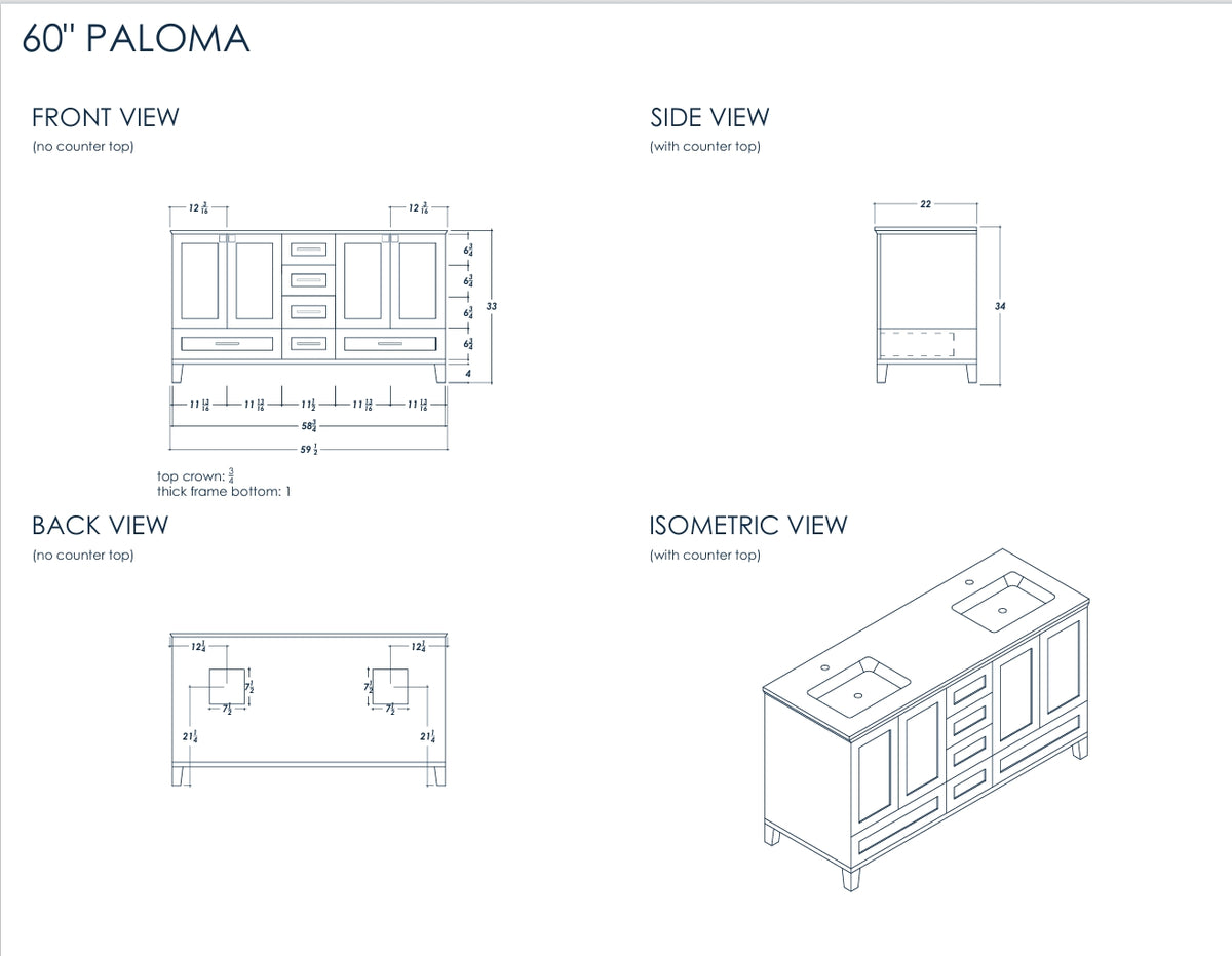 Paloma 60" White Double Bowls Bathroom Cabinet