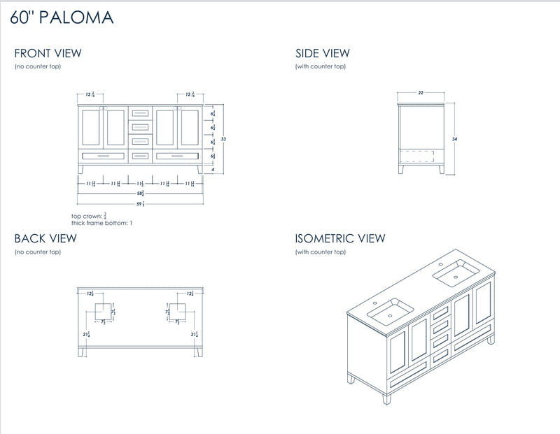 Paloma 60" White Double Bowls Bathroom Cabinet