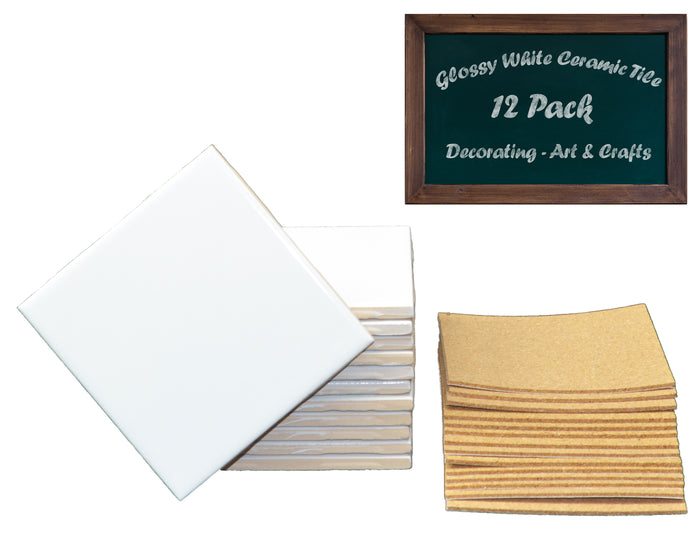 12 Ceramic White Tiles Glazed 4 1/4 x 4 4/14 with Cork Backing Pads