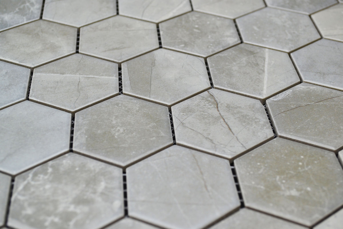 2" Gray Porcelain Marble Hex